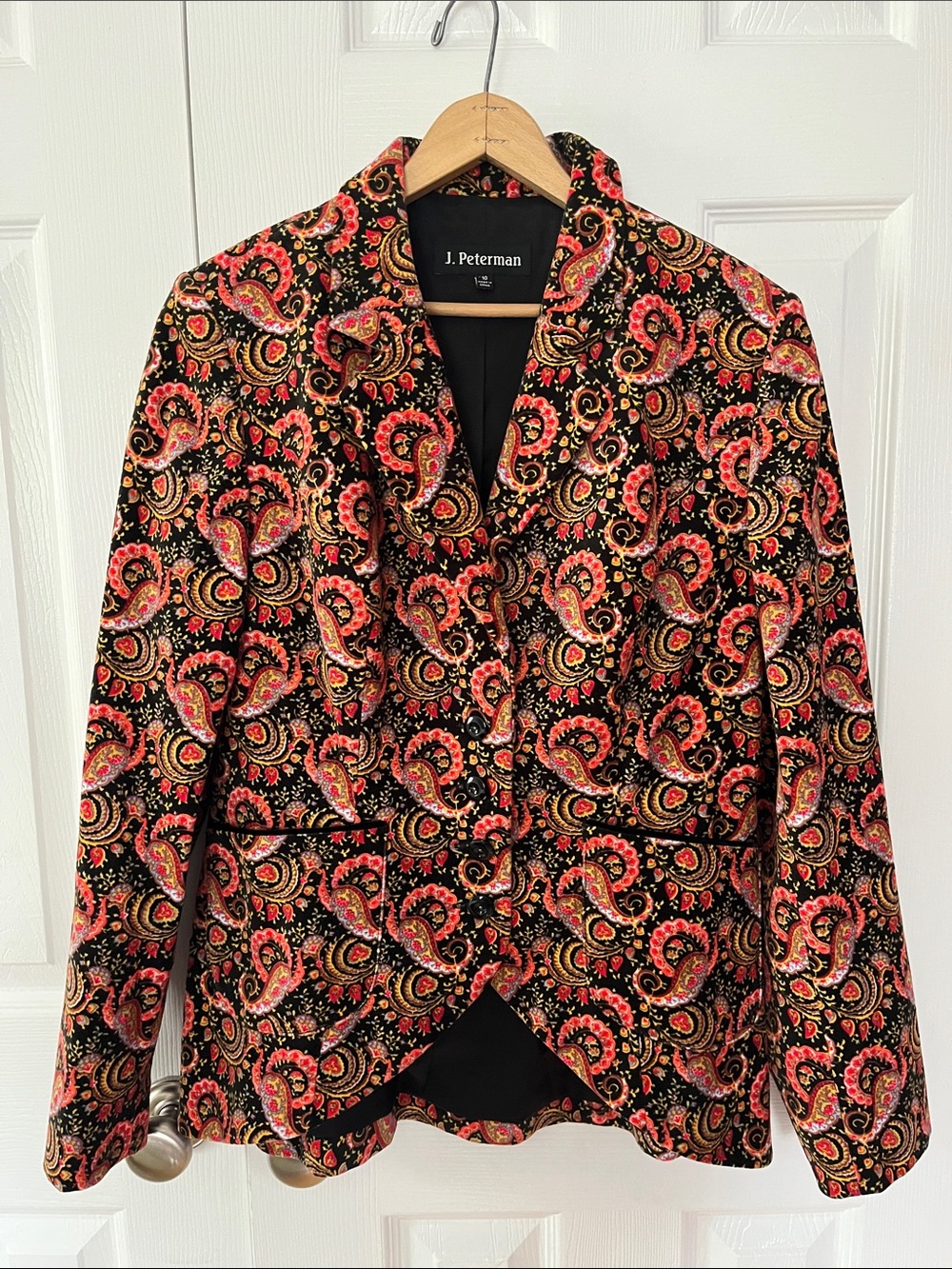 J. Peterman Vibrant Black Blazer with Red and Gold Paisley Size 10